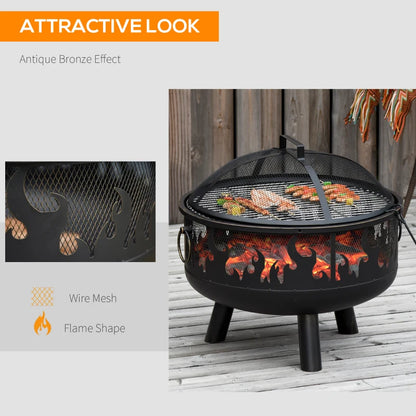 2-in-1 Metal Bonfire Firepit Bowl with Lid, Grill Tray and Poker with Flame Style Print