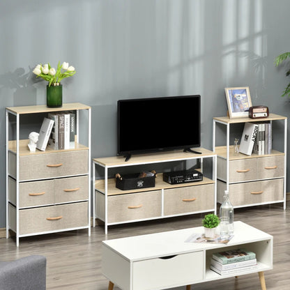 Natural Style Compact TV Unit Centre with 2 Foldable Linen Drawers & Shelving