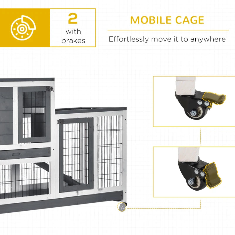 2-Tier - Wooden Rabbit Hutch on Wheels with Enclosed Run - Grey