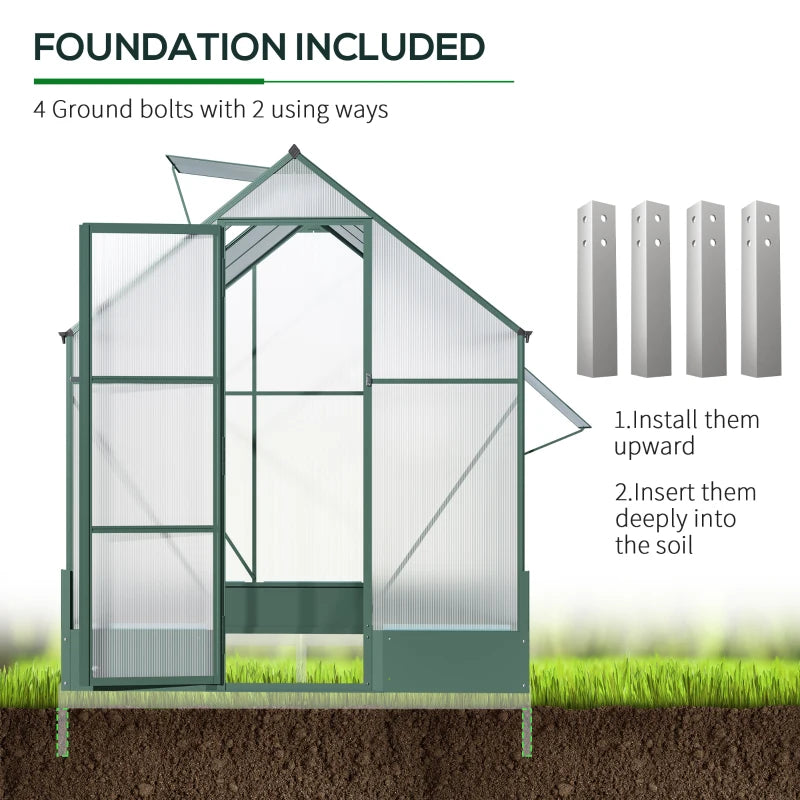 Walk-In Aluminium / Polycarbonate Greenhouse with Plant Bed and Windows - (6 x 8ft)