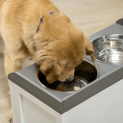 Raised Dog Feeder with 2 Stainless Steel Bowls & 21L Storage Drawer - White