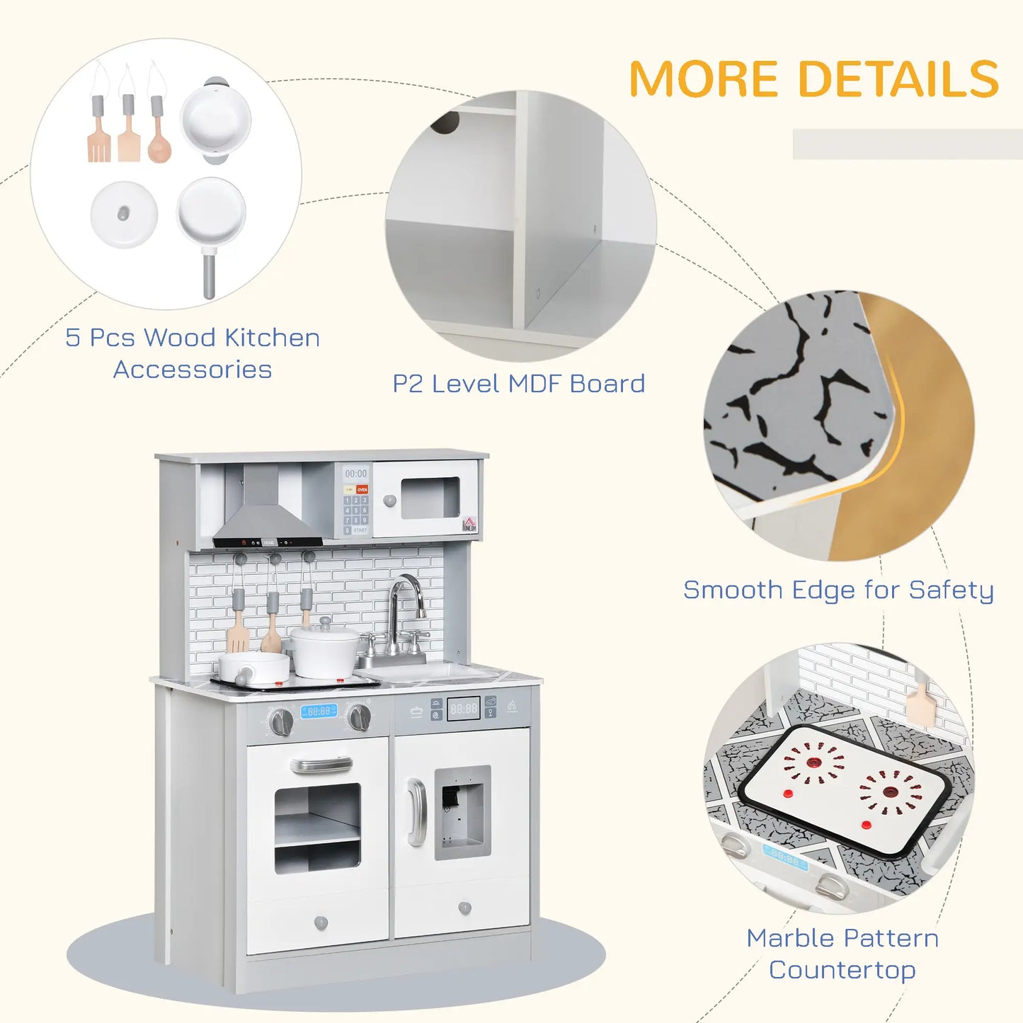 Kids Kitchen Playset with Marble Countertop and Tile Style Backdrop, Sound and Light effects and Accessories