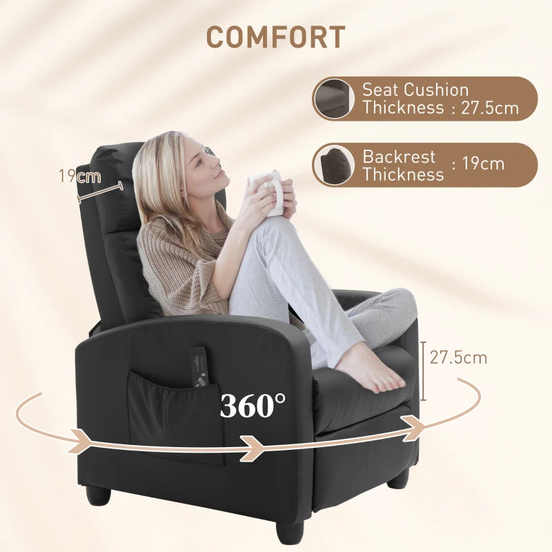 Reclining Massage Function Faux Leather Armchair with Adjustable Leg Rest & Side Pocket - Black