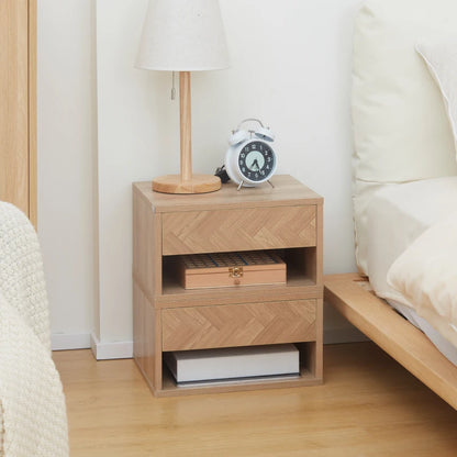 Set of 2 Bed Side Table - Wall Mounted with Drawer & Underneath Shelf - Wood Effect