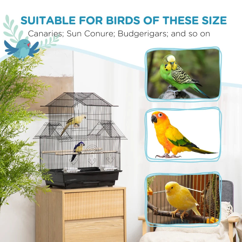 Metal Tabletop Bird Cage - House Style Design with Swing, Perches, Feeding Cups and Dropping Tray