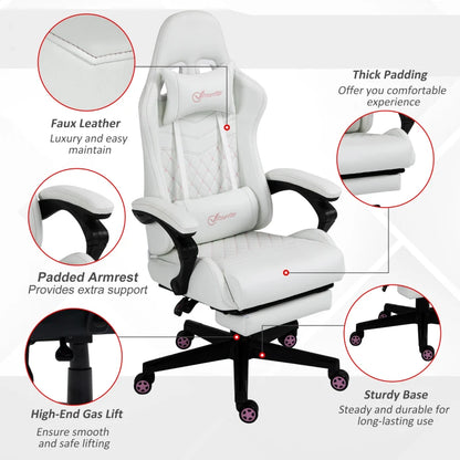 Faux Leather Recliner Racing Gaming Chair with Swivel Wheel Footrest - White / Pink Contrast Stitch