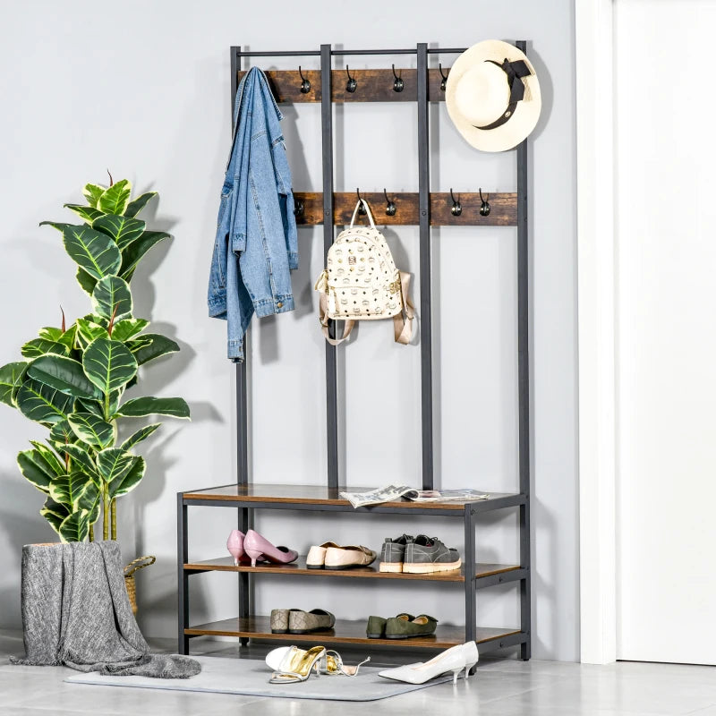 Large Industrial Style Coat Rack with 12 Hooks and 3-Tier Storage Shelving / Bench