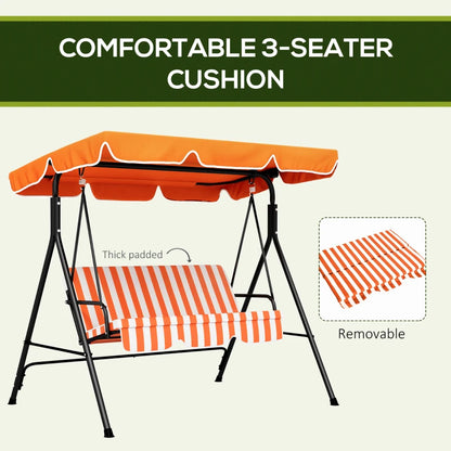 3-Seater Swing Chair with Adjustable Overhead Sun Protection Canopy - Orange / White Stripe