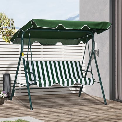 3-Seater Swing Chair with Adjustable Overhead Sun Protection Canopy - Green / White Stripe