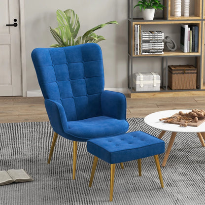 Velvet Wingback Modern Armchair with Footstool Chair with Steel Legs - Blue