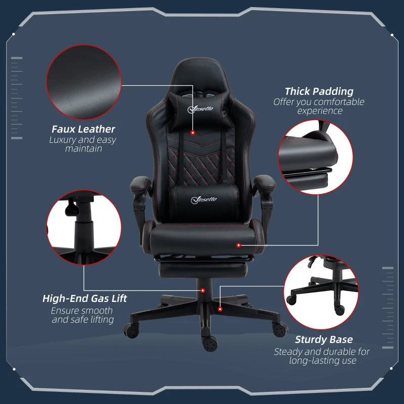 Faux Leather Recliner Racing Gaming Chair with Swivel Wheel Footrest - Black / Red Contrast Stitch