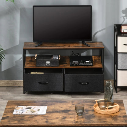 Dark Oak Style Compact TV Stand / Media Centre Unit with 2 Foldable Linen Drawers & Shelving