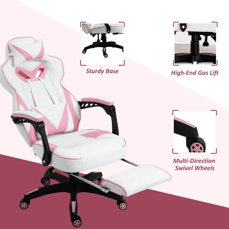 Computer Gaming Chair with Lumbar Support and Footrest - Pink / White