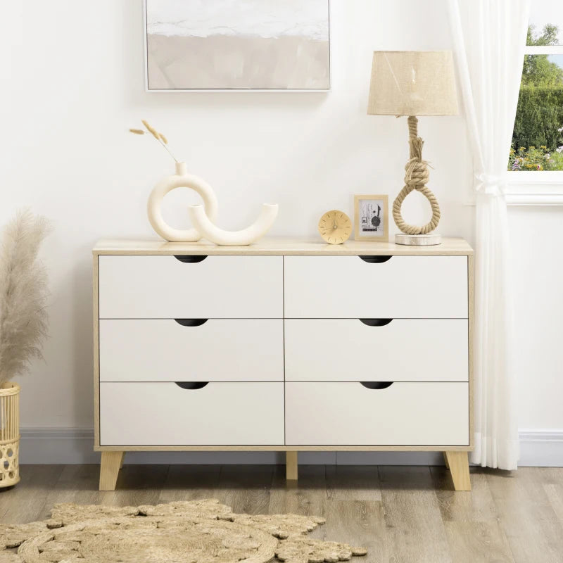 Wide Two-Tone White and Natural Wood Chest of Drawers with 6-Drawers and Open Style Handles