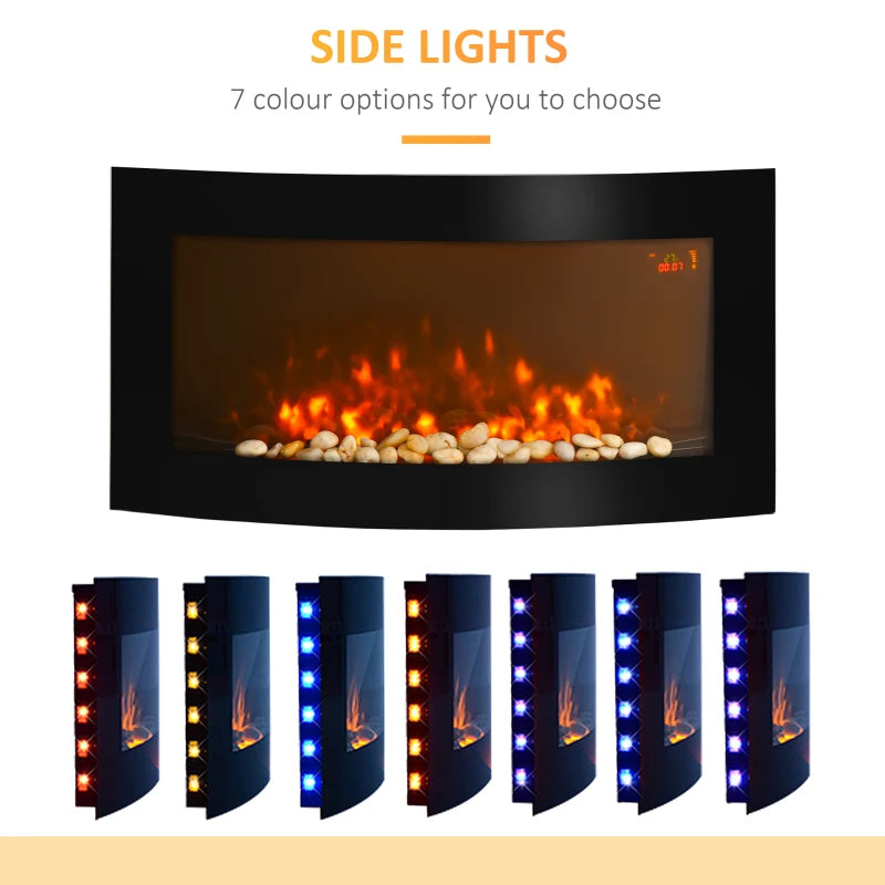 LED Wall Mounted - Curved Glass Electric Fireplace with 7 Colour Backlighting