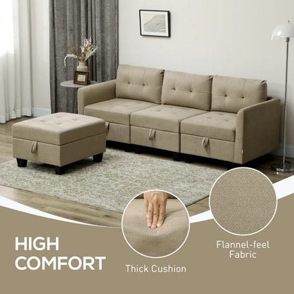 L-Shape Modular Sofa Set with Ottoman Storage - Textured Fabric Feel Material