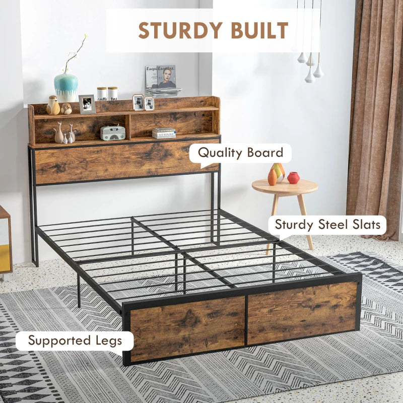 Rustic Style Double Bed Frame with Headboard Storage Feature