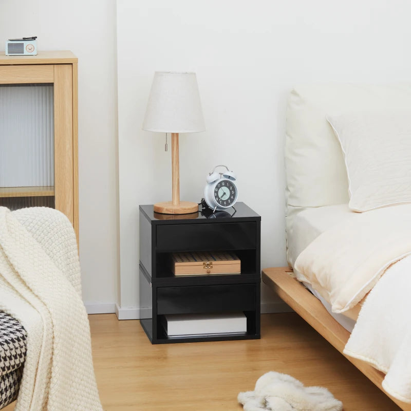 Set of 2 Bed Side Table - Wall Mounted with Drawer & Underneath Shelf - High Gloss Black