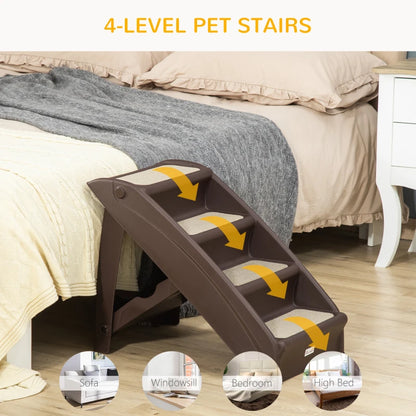 4-Step Foldable Pet Stairs with Plastic Surrounding and Anti Slip Carpeting - Brown