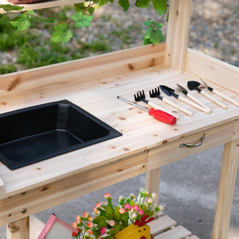 Wooden Potting Bench Work Table with Wheels, Sink, Drawer and Large Storage Section