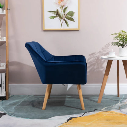 Wide Slanted Back Armchair with Padded Cushion, Iron Frame & Wooden Legs - Navy