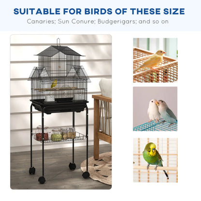 Metal Bird Cage - House Style Design with Swing, Perches, Feeding Cups, Tray - (Stand Included)