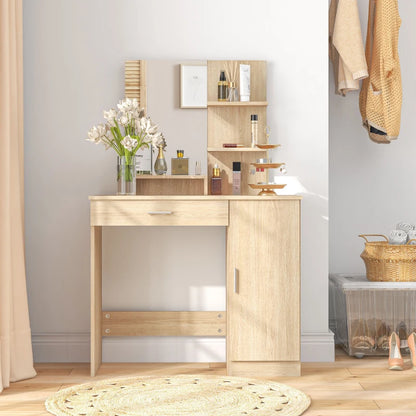 Vanity Mirror Dressing Table with Open Style Shelving and 2-Storage Sections - Maple Wood Effect