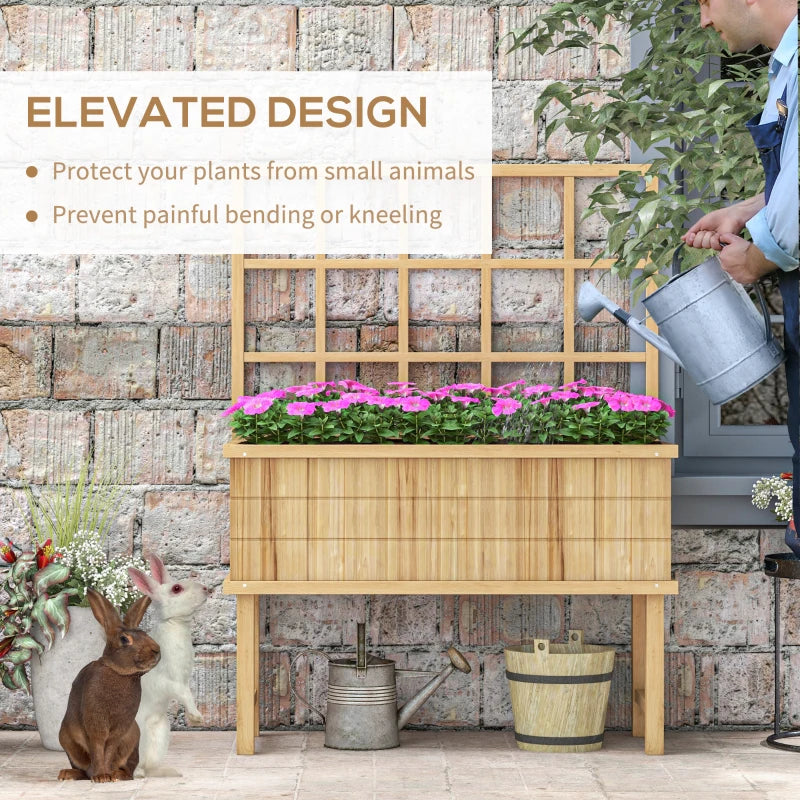 Raised Wooden Garden Planter with Back Trellis - Natural Wood Effect