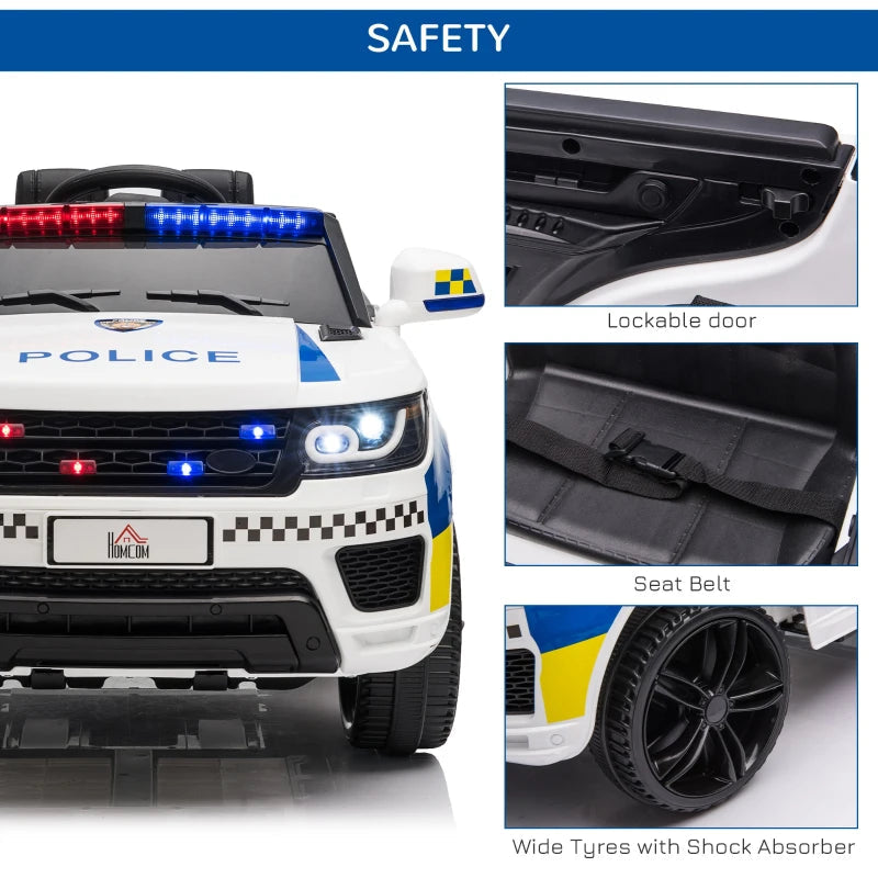 12V Kids Electric Ride On Police with Parental Remote Control, Siren, Flashing Lights and USB - White