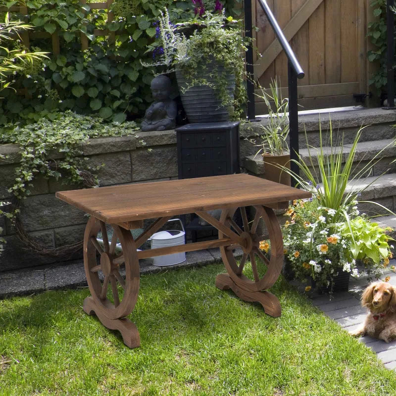 Natural Wooden Garden Table with Boat Wheel Style Legs