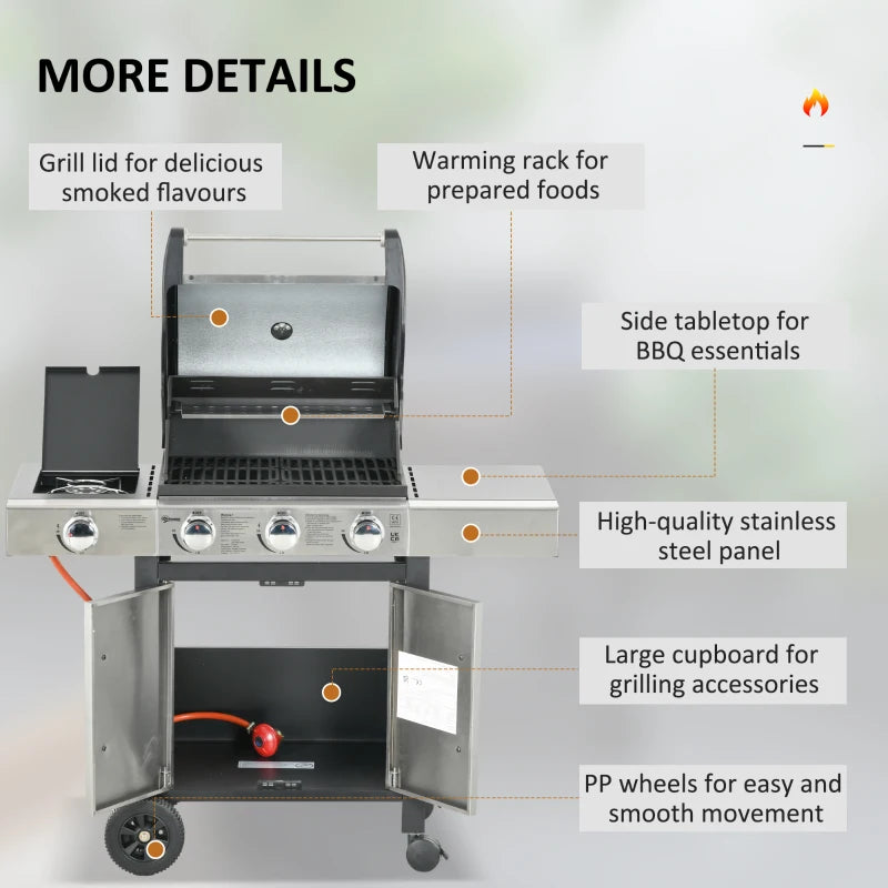 3 Burner Gas Grill + 1 Side Burner Stove Top with Side Shelf and Underneath Storage