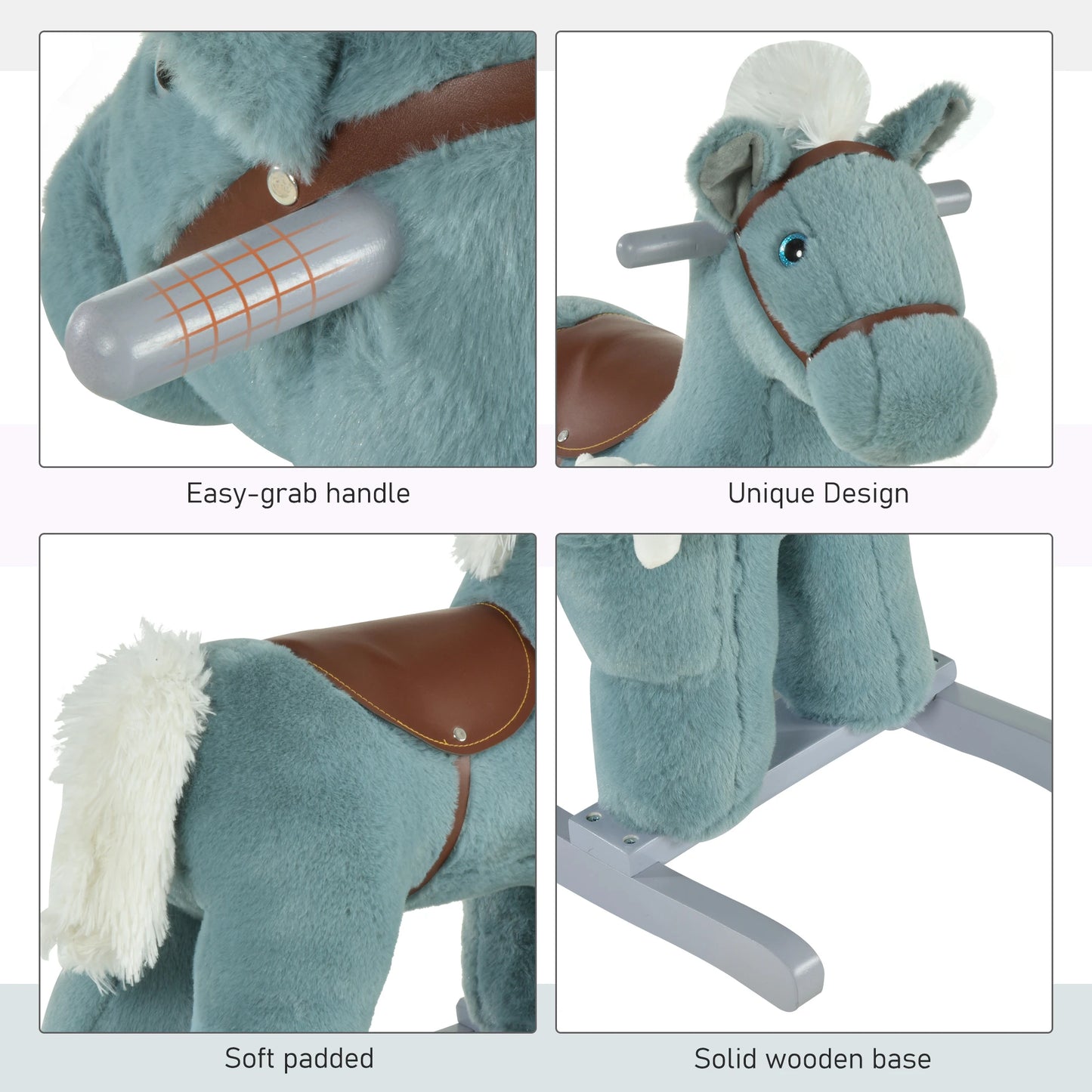 Plush Ride on Rocking Horse with Cuddle Toy Pocket - Blue