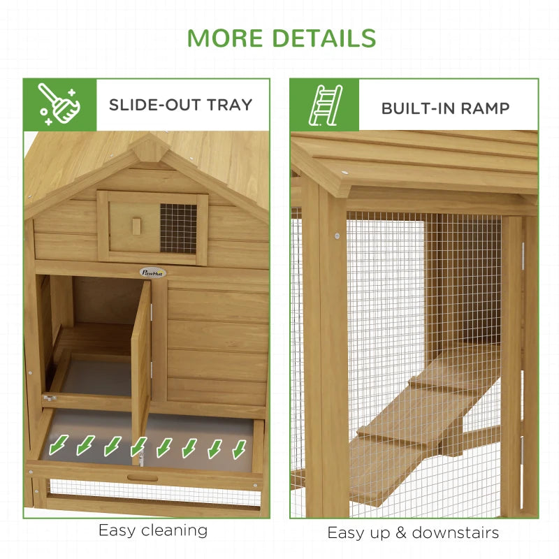 Small 2-Tier Chicken Coop with Ramp, Outdoor Yard and Nesting Box - Natural Wood