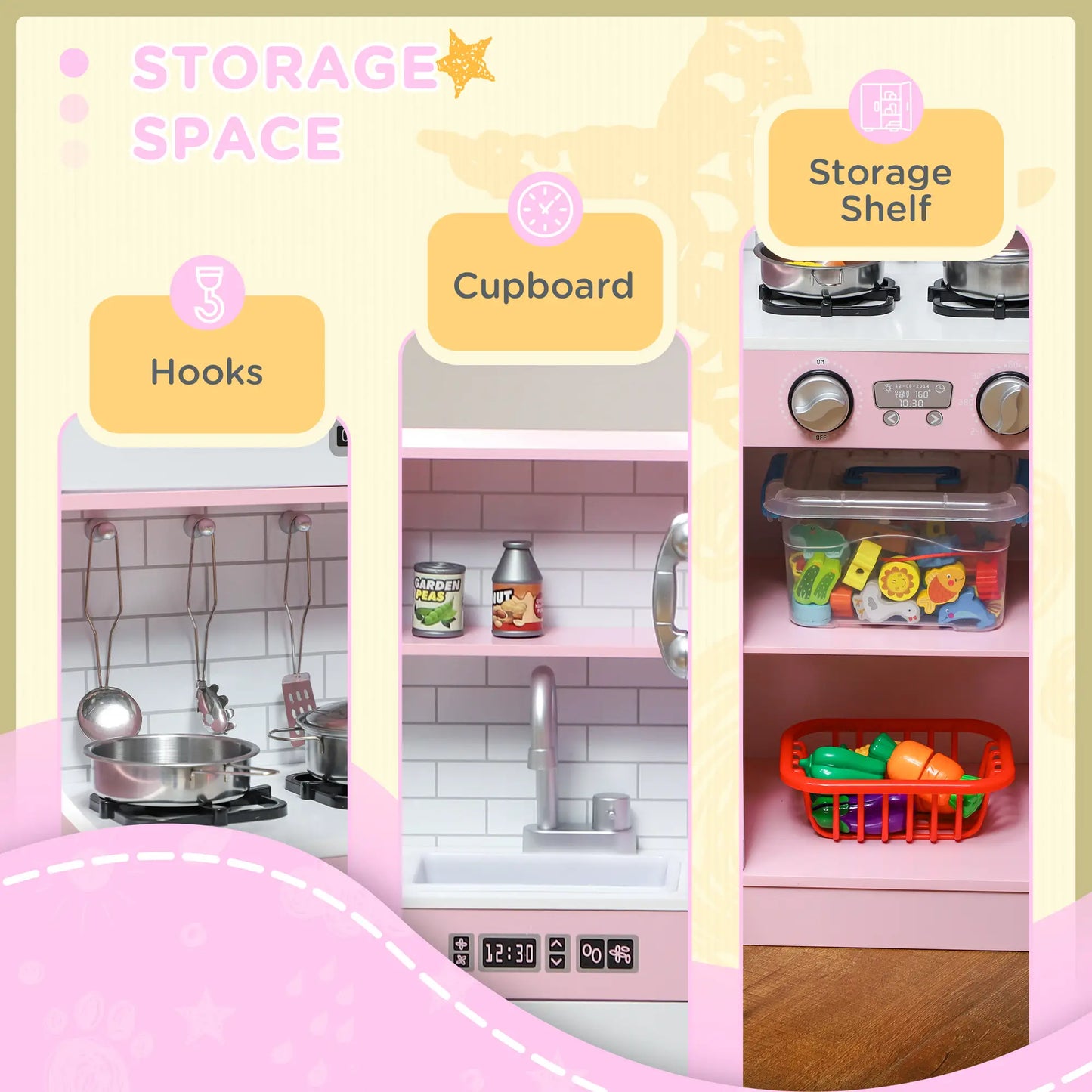 Kitchen Playset with Chalkboard, Storage Cupboards and Accessories - Pink