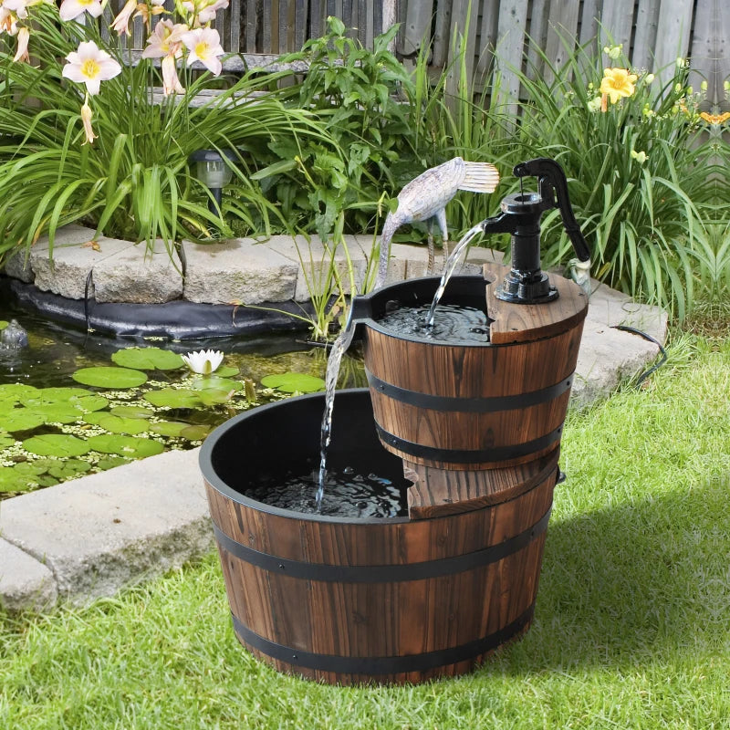 2-Tier Double Barrel Waterfall Garden Fountain with Pump