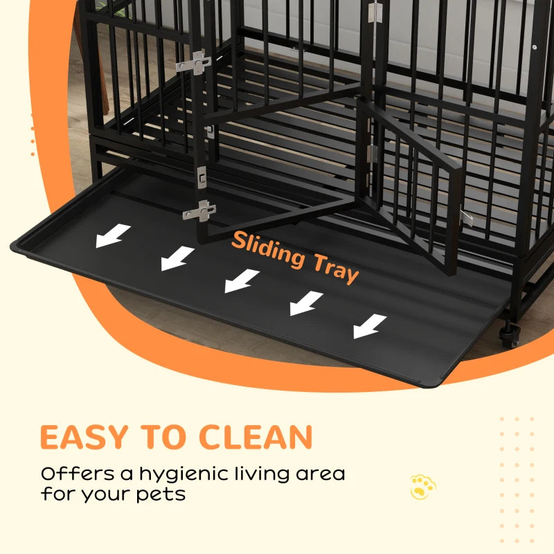 48" Heavy Duty Black Steel Dog Crate on Wheels with Pull Out Removable Tray and Openable Roof