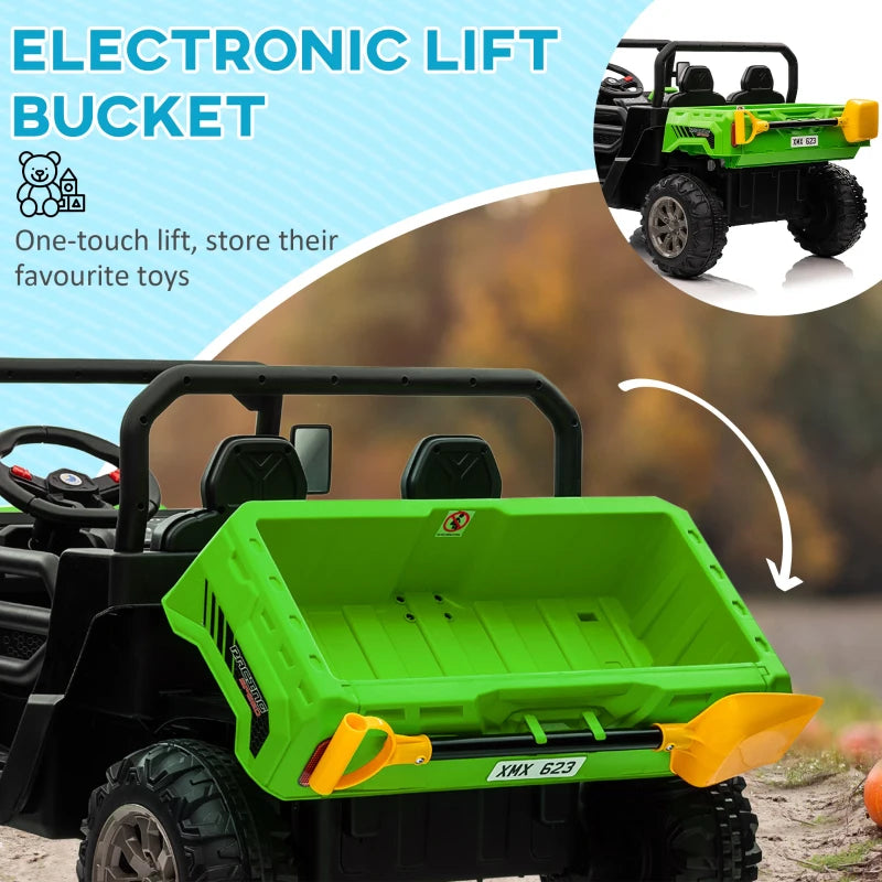 12V - 2 Seater Kids Electric Ride-On Car with Electric Bucket, Remote Control - Green