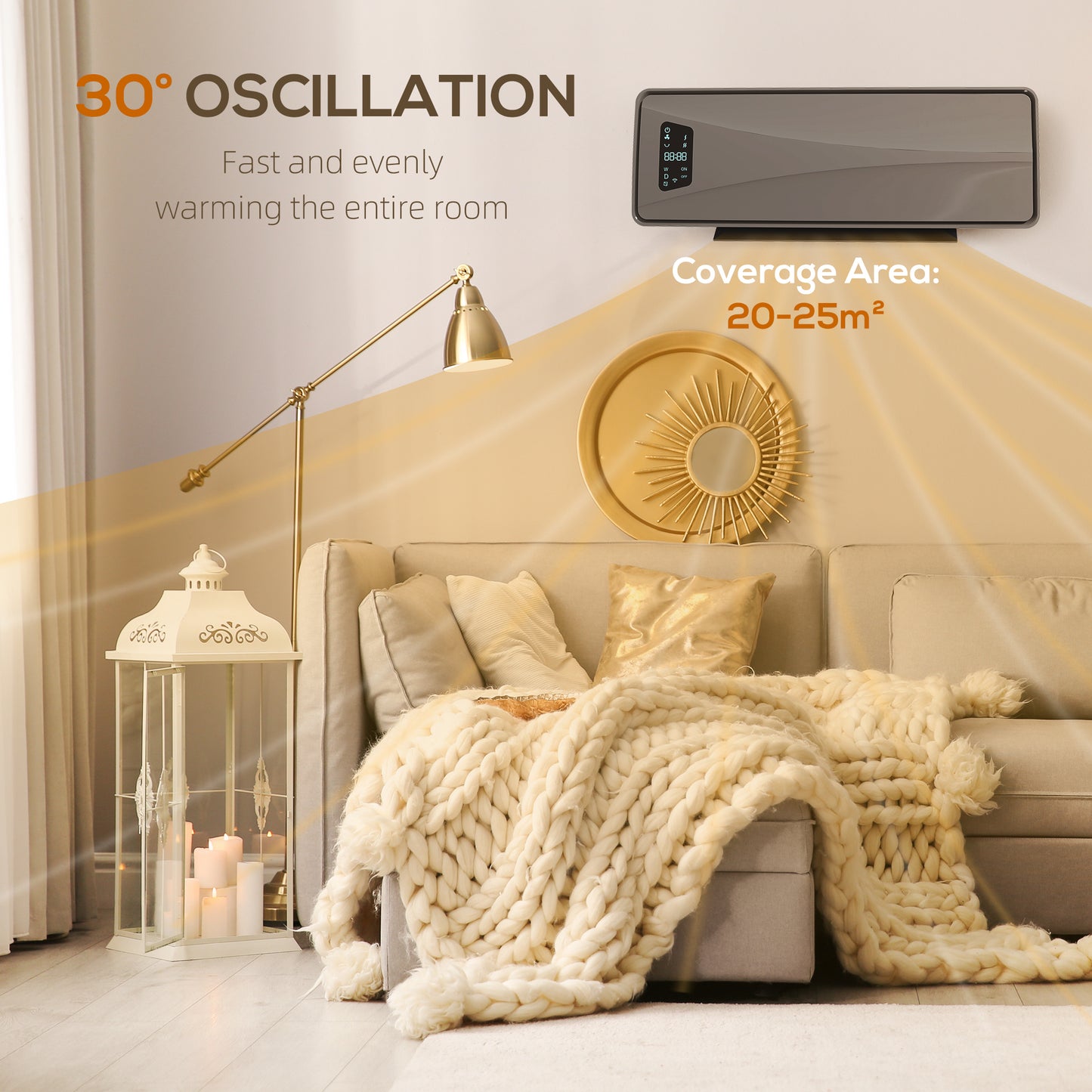 2000W Ceramic Electric Heater with Fan, Adjustable Thermostat, Wall Mounted - Grey