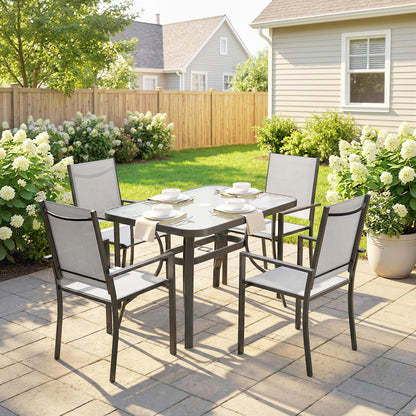 Garden Dining Set for 4 with Umbrella Hole, Stackable Chairs and Rectangular Glass-Top Outdoor Table, Light Grey