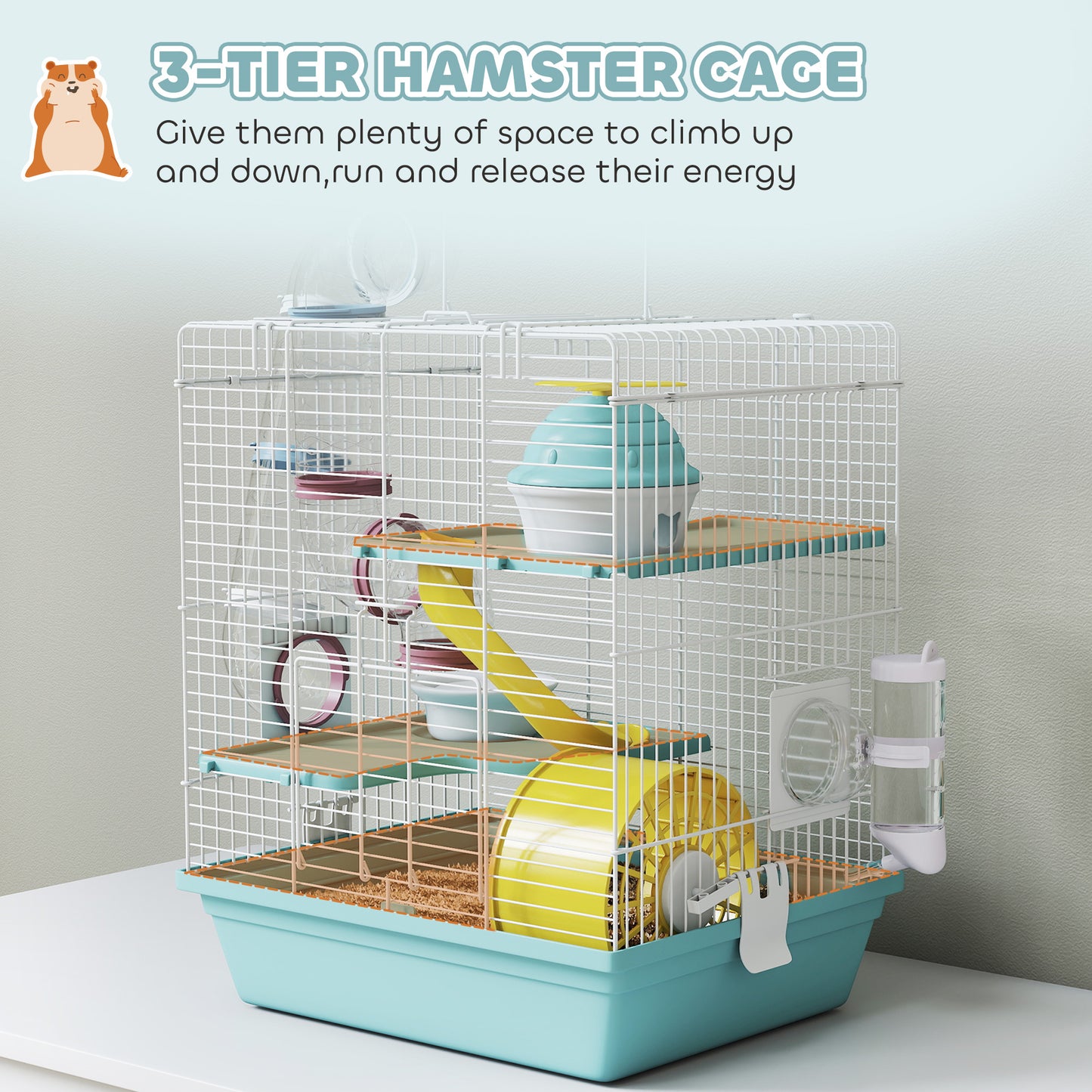 3-Level Hamster Cage with Exercise Wheel, Water Bottle, Food Bowl, for Dwarf Hamsters, 34.5 x 27.5 x 41 cm, Blue