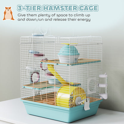3-Level Hamster Cage with Exercise Wheel, Water Bottle, Food Bowl, for Dwarf Hamsters, 34.5 x 27.5 x 41 cm, Blue