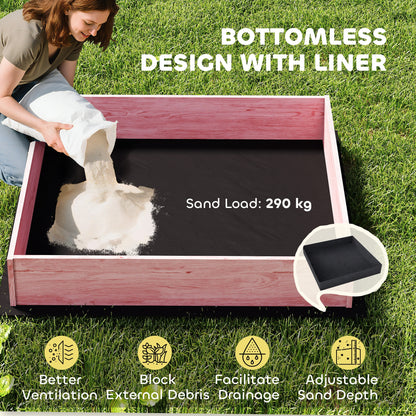 Wooden Sandbox with Lid, Flamingos Print Canopy, Kids Outdoor Sand Pit with Foldable Bench Seats, Bottom Liner, Pink