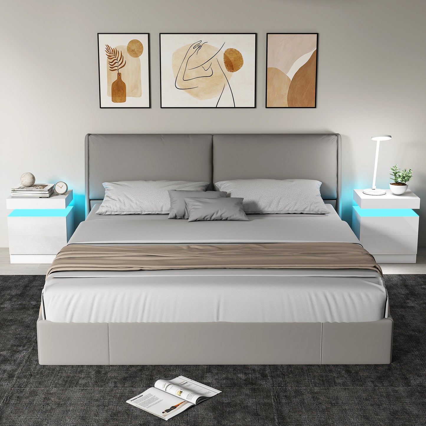 White Bedside Table with LED Light, High Gloss Front Nightstand with 2 Drawers, for Living Room, Bedroom, Set of 2