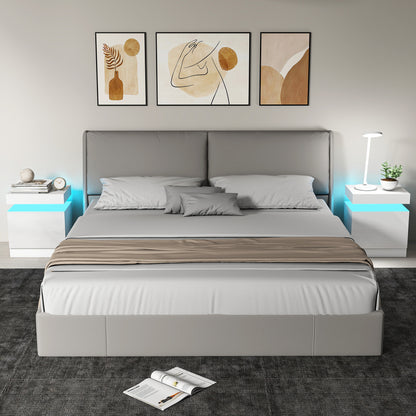 White Bedside Table with LED Light, High Gloss Front Nightstand with 2 Drawers, for Living Room, Bedroom, Set of 2