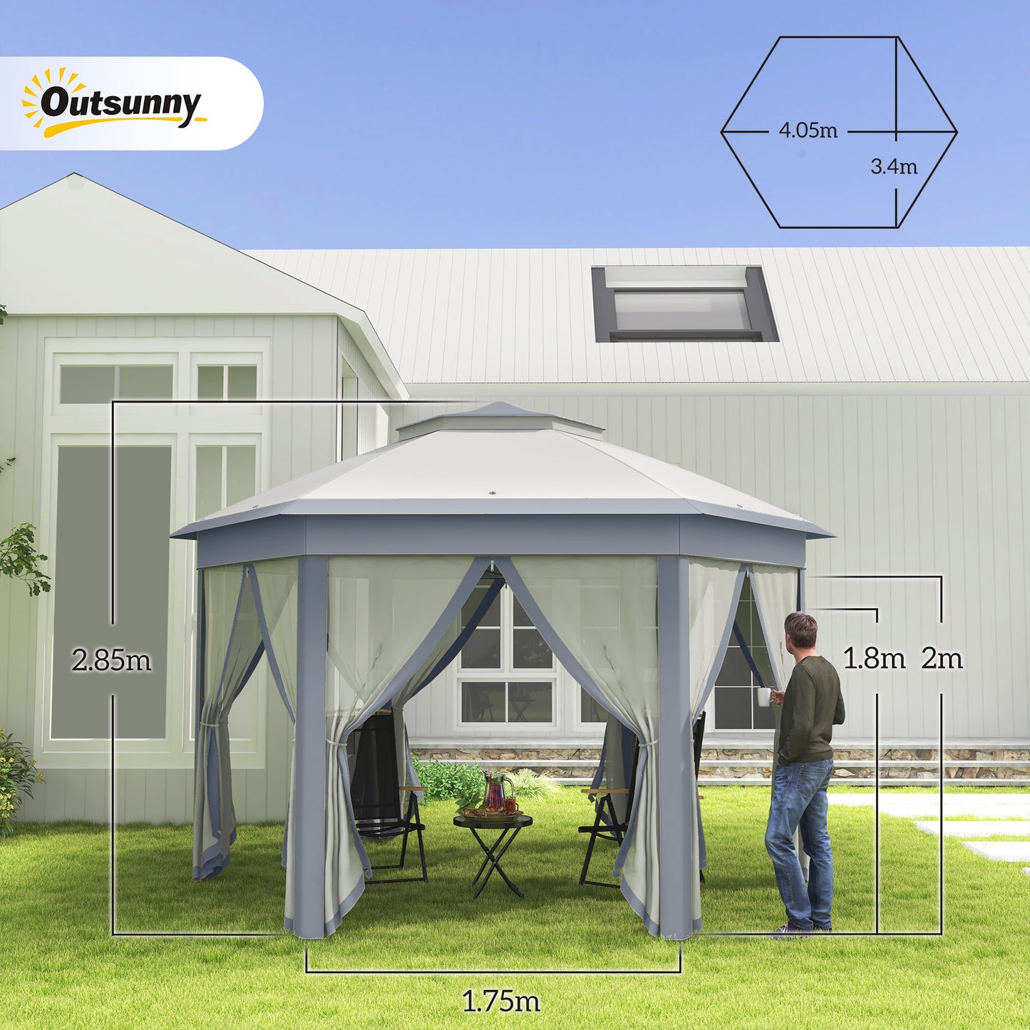 3 x 4m Metal Frame Hexagon Gazebo with UV-resistance Roof and Mesh Curtains - Grey