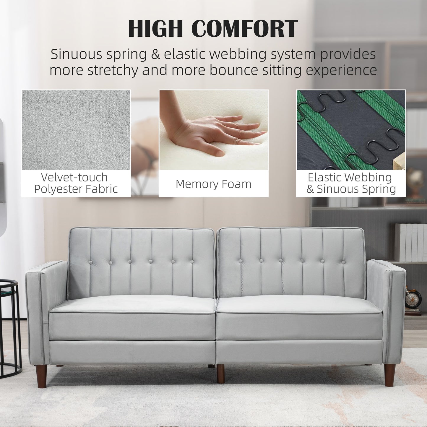 Modern Convertible Sofa Futon Velvet-Touch Tufted Couch with Adjustable Split Back, Light Grey