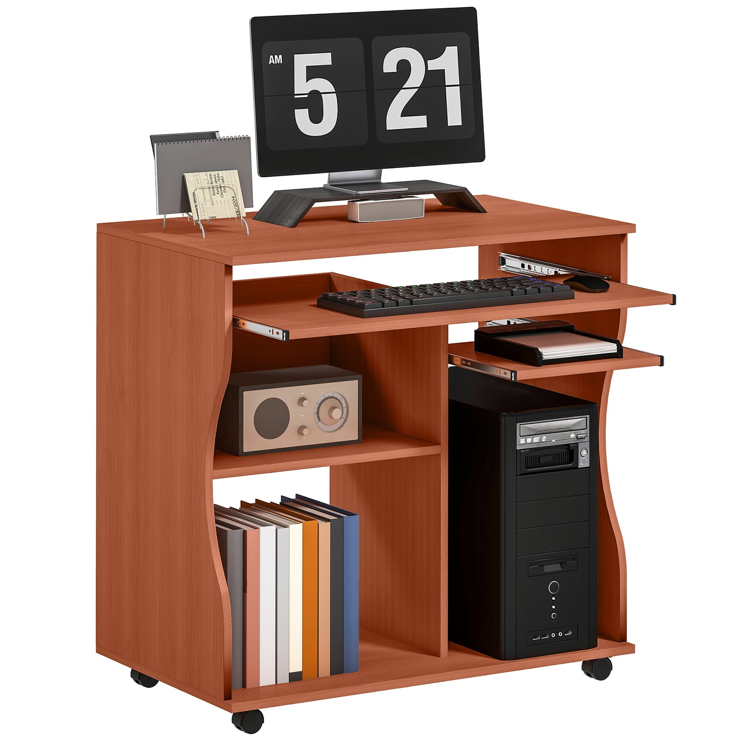 Multi-Storage Compact Work Desk, with Wheels - Cherry Wood Colour