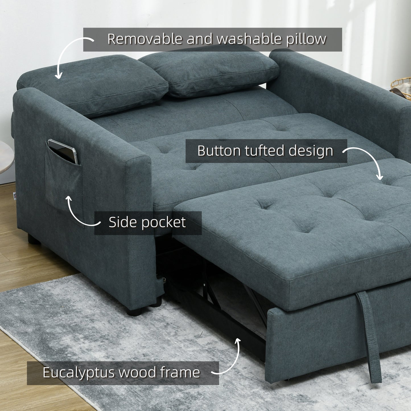 Loveseat Sofa Bed, Convertible Bed Settee with 2 Pillows, Side Pockets, Charcoal Grey