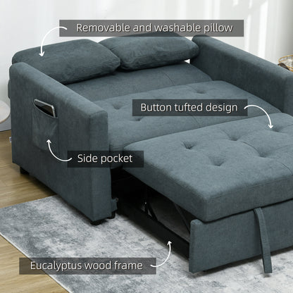 Loveseat Sofa Bed, Convertible Bed Settee with 2 Pillows, Side Pockets, Charcoal Grey