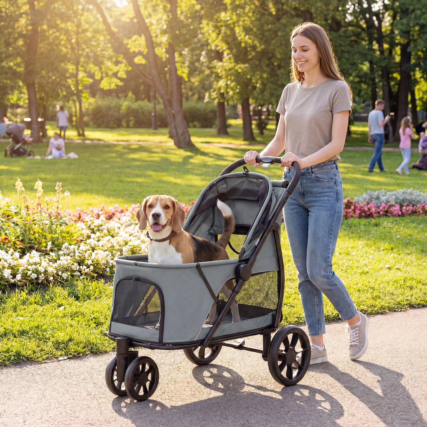 Dog Stroller, 3 Wheels Pet Stroller with Dual Entry, Easy One-Click Quick Fold, Mesh Windows, Washable Cushion